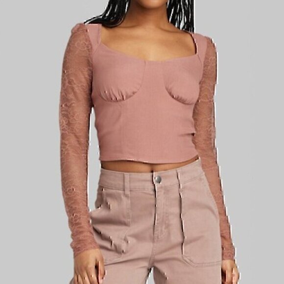 WILD FABLE Long Sleeve Lace Bustier Top Mauve Pink Brown Y2K 90s Cropped Crop M - Picture 3 of 13